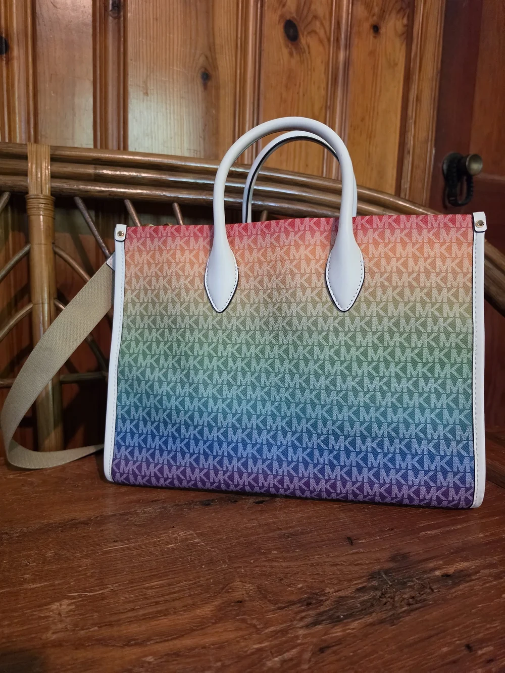 Michael Kors Rainbow Logo Tote with White Trim and Tan Strap